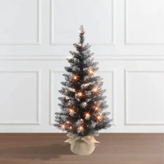 3ft. Pre-Lit Black Pine Artificial Christmas Tree, Clear Incandescent Lights {4}