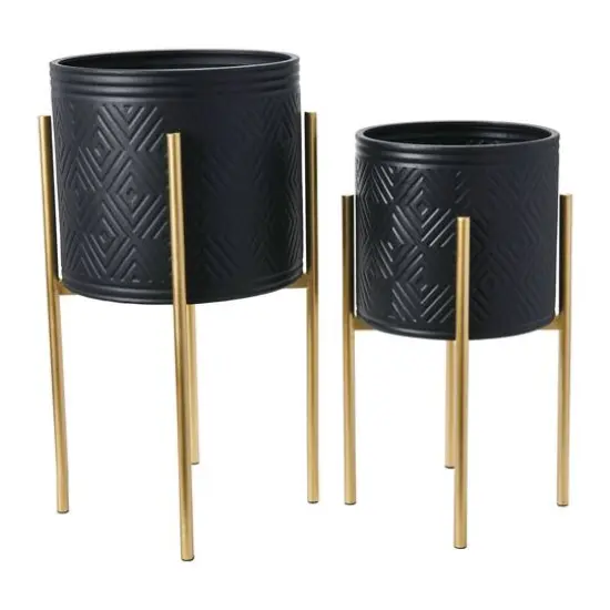 Hello Honey&reg; Matte Black Boho Embossed Metal Planters with Stands Set {10}
