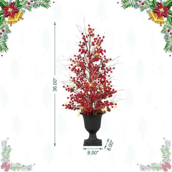 3ft. Pre-Lit Berry & Pinecone Artificial Urn Christmas Porch Tree, Warm White LED Lights {9}