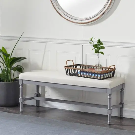 Grey Wood & Linen Traditional Bench {6}