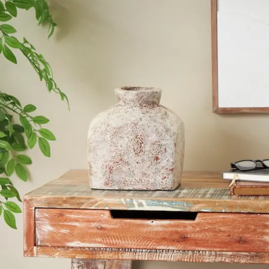 9.75" Brown Ceramic Antique Style Textured Square Vase {3}