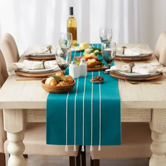 DII&reg; 72" Striped Tassel Table Runner Teal/Off White {7}