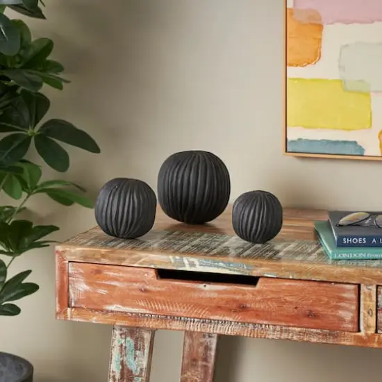 Black Teak Wood Carved Orbs Set {3}