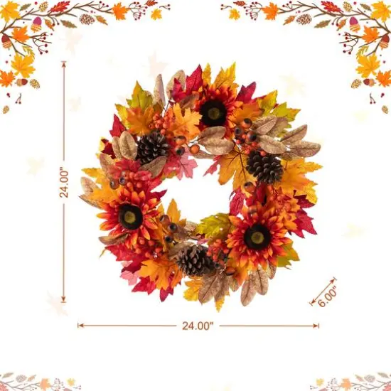 Glitzhome&reg; 24" Fall Sunflower, Pinecone and Berry Wreath {8}
