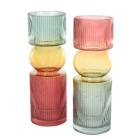 14" Multicolor Abstract Glass Ribbed Vase Set {4}