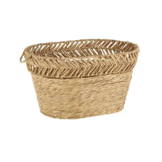 30" Brown Seagrass Handmade Woven Oval Storage Basket with Zig Zag Patterned Rim {3}