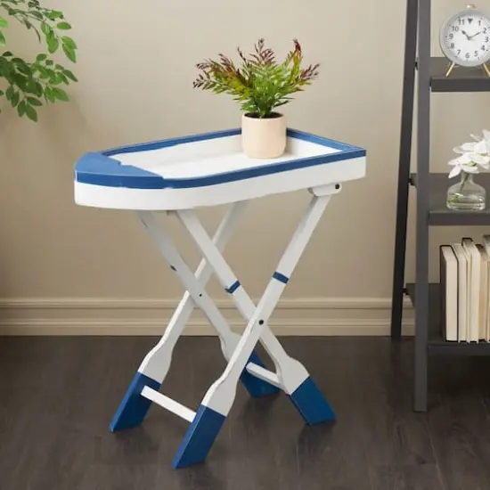 28" White & Blue Foldable Tray Top Accent Table {3}