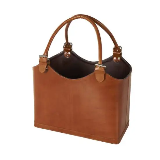 20" Brown Leather Handmade Box Style Single Slot Decorative Magazine Holder with Curved Buckle Handles {3}