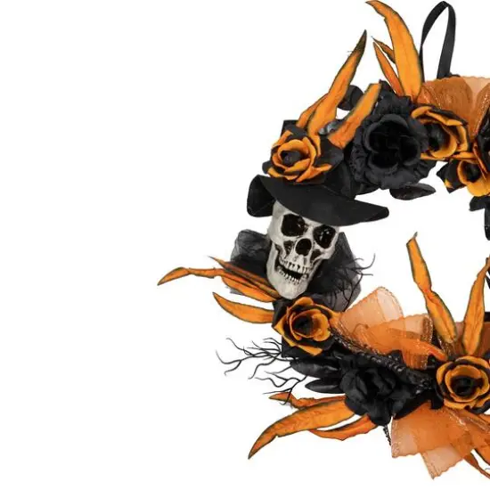 14" Skull with Black & Orange Roses Halloween Wreath {6}