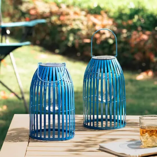 Glitzhome&reg; 9.75" Metal Woven Solar Powered Hanging Lantern, 2ct. Blue {4}