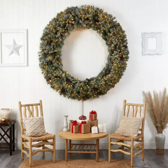 6ft. Clear LED Lights Flocked Christmas Artificial Wreath With Pinecones {7}
