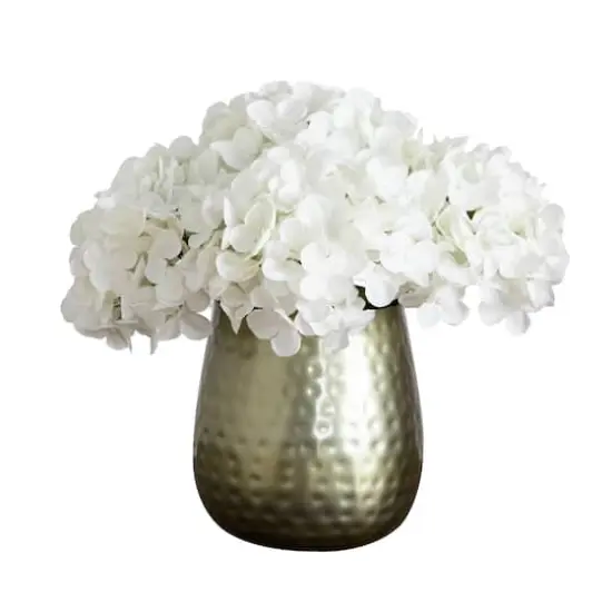 11" White Hydrangea Arrangement in Gold Metal Vase {1}