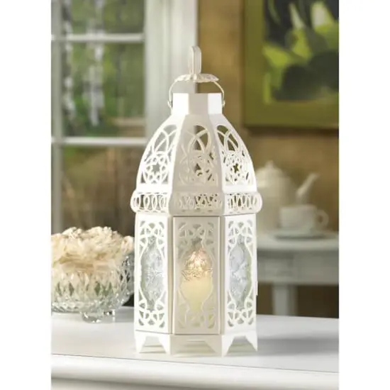 12" White Lattice Moroccan Style Candle Lantern {3}