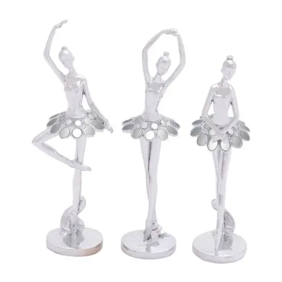 Set of 3 Silver Polystone Modern Dancer Sculpture, 14", 14", 12" {1}