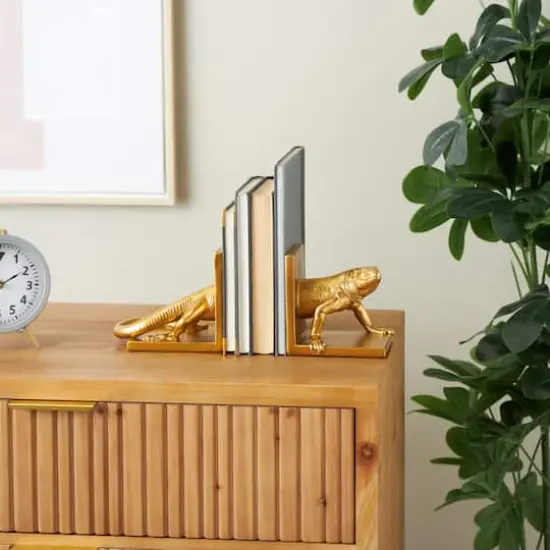 6" Gold Lizard Crawling Decorative Bookend Set {3}
