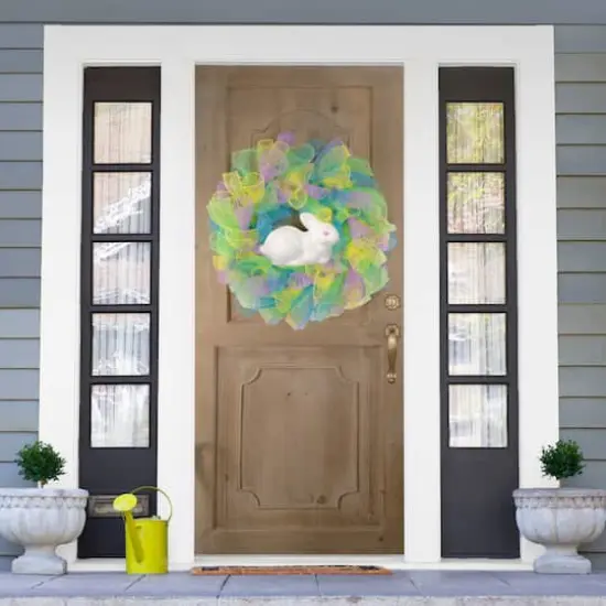 Colorful Deco Mesh Ribbon Easter Bunny Wreath 24" unlit {3}