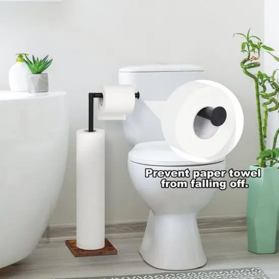NEX™ 21" Black Freestanding Metal Toilet Paper Holder with Square Woodgrain Base {7}