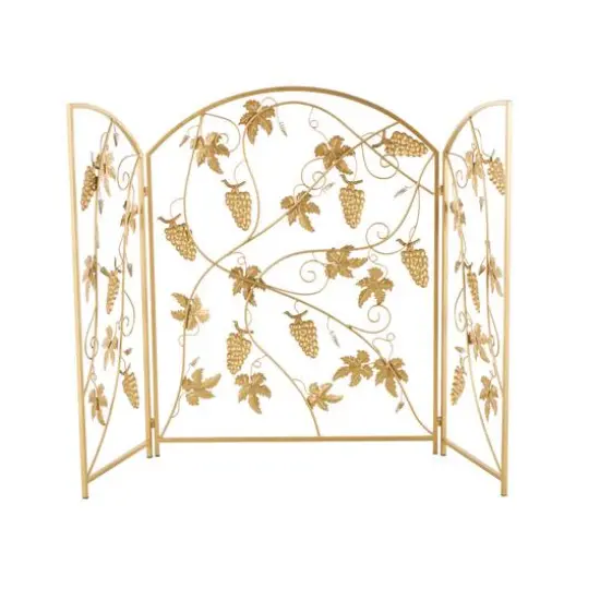 36" Gold Metal Fruit Foldable 3-Panel Fireplace Screen with Leaf Accents {7}