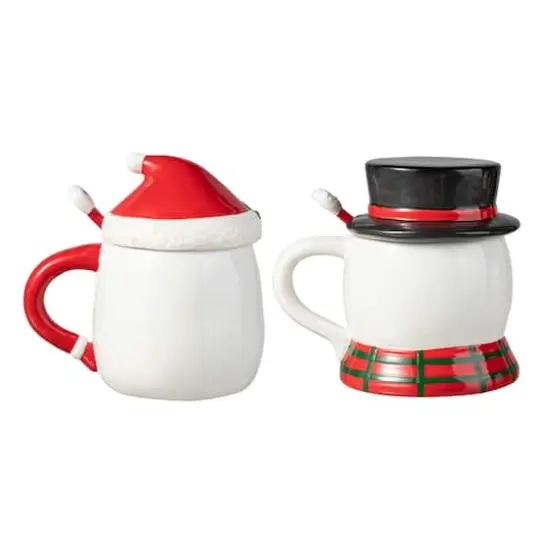 Glitzhome&reg; Christmas Ceramic Santa & Snowman Mug with Lid & Spoon Set {8}