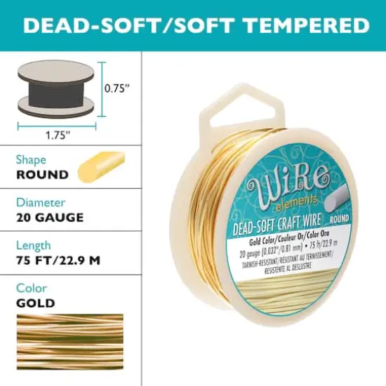 The Beadsmith&reg; Wire Elements&trade; 20 Gauge Tarnish Resistant Soft Temper Wire, 75ft. Gold {6}