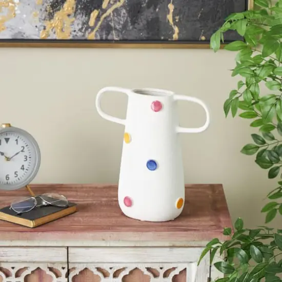 11.25" Multicolor & White Polka Dot Ceramic Vase with Handles {3}