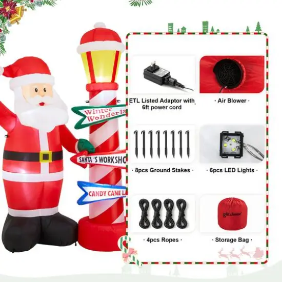 Glitzhome&reg; 7FT Lighted Inflatable Santa with Lamp Post Sign Decor {7}