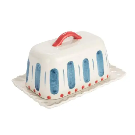 Hello Honey® 6.75" White, Red & Blue Hand-Painted Stoneware Butter Dish {7}