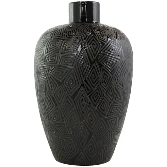 19" Black Ceramic Vase with Geometric Etchings {4}