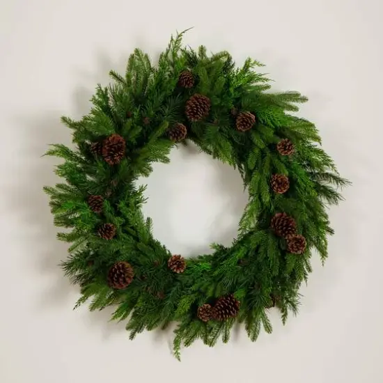 30in. Artificial Norfolk Mixed Pine Wreath with Pinecones {6}