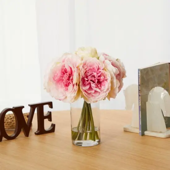 11" Pink Peony Bouquet in Glass Vase {4}