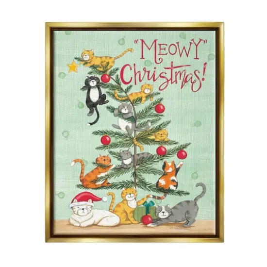 Stupell Industries Meowy Christmas Cats Framed Floater Canvas Wall Art Green with Gold Frame {1}