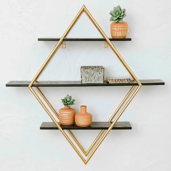 Hello Honey&reg; Wood & Gold Diamond Wall Shelf Black {3}