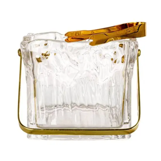 Hello Honey 24-Ounce Textured Glass Ice Bucket with Gold Finish Handle and Tongs, Clear/Gold {8}