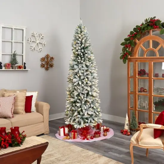 8ft. Pre-Lit Slim Flocked Montreal Fir Artificial Christmas Tree, White LED Lights {8}