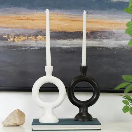 CosmoLiving by Cosmopolitan 9" Black & White Ceramic Geometric Ring Taper Candle Holder Set {3}