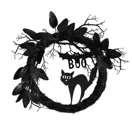 22" Halloween Black Cat & Bat Boo Twig Wreath {1}