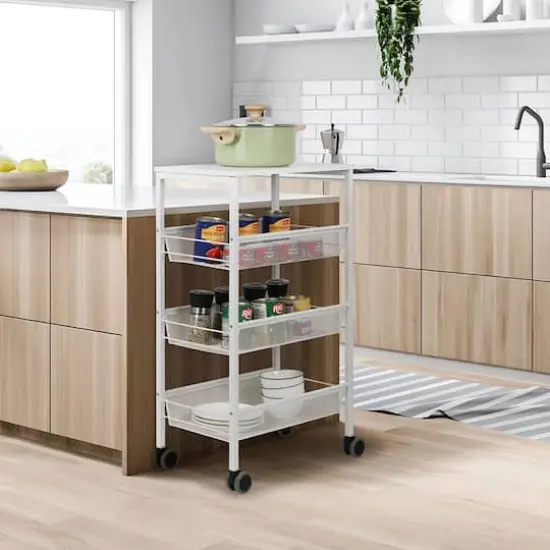 White 3-Tier Kitchen Storage Rolling Utility Cart with Wood Top {6}