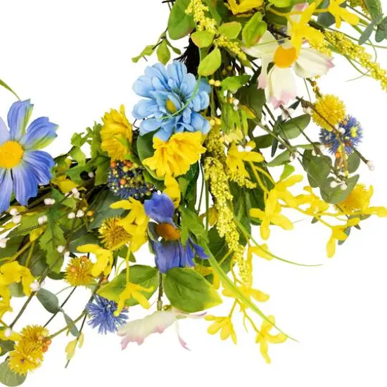 24" Yellow & Blue Daisy & Cosmos Floral Spring Wreath {5}