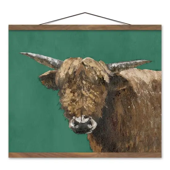 Brown Cow On Emerald 20" x 16" Teak Hanging Canvas {1}