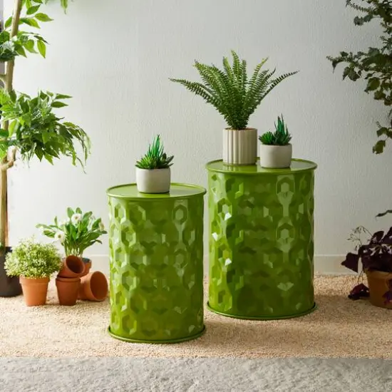 Glitzhome&reg; Multifunctional Embossed Honeycomb Texture Metal Garden Stool Set Green {5}