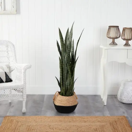 46" Sansevieria Artificial Plant in Boho Chic Handmade Cotton & Jute White Woven Planter {4}