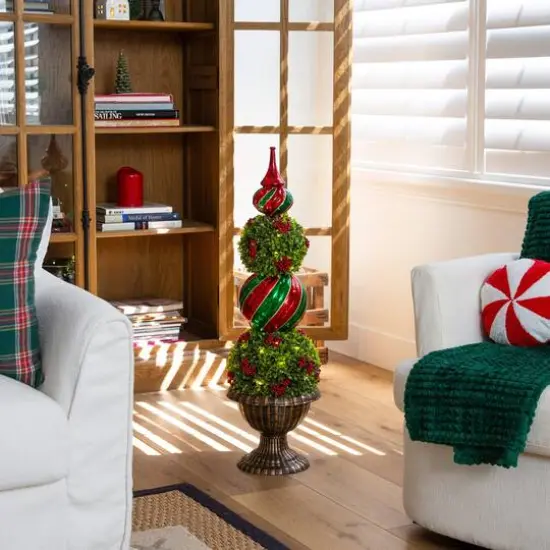 3ft. Pre-Lit Artificial Christmas Ornament Boxwood Topiary Tree with 70 Warm White LED Lights {14}