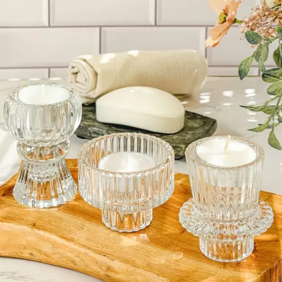 Kate Aspen&reg; Assorted Vintage Ribbed Clear Glass Candlestick Candle Holder Set {5}