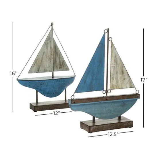 Set of 2 Blue Metal Coastal Sail Boat Sculpture, 17", 16" {9}