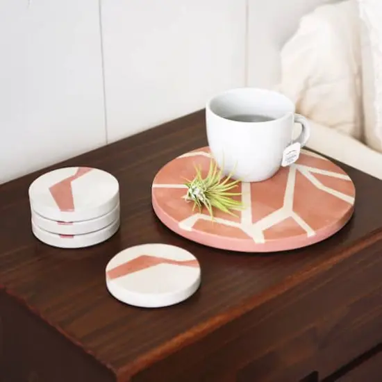 Hello Honey&reg; Off-White and Terracotta Round Sandstone Coaster Set with Abstract Design {4}