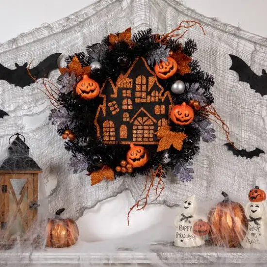 24'' Unlit Orange and Black Haunted House Halloween Wreath {3}