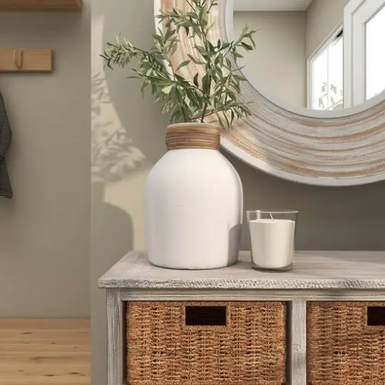 11" White Ceramic Vase with Wrapped Rattan Detailing {8}