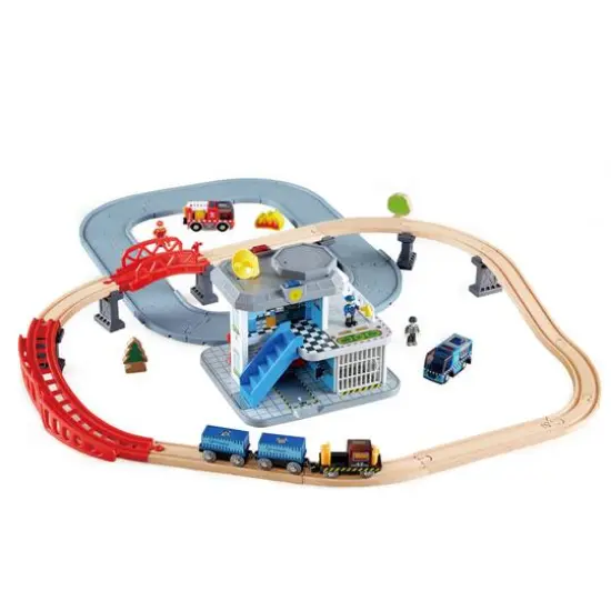 Hape Emergency Services HQ Police & Fire Station Wooden Train Set {1}
