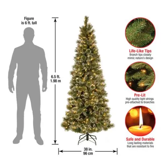 6.5ft. Pre-Lit Glittery Bristle Pine Slim Artificial Christmas Tree, Warm White Diamond Cap LED Lights {6}