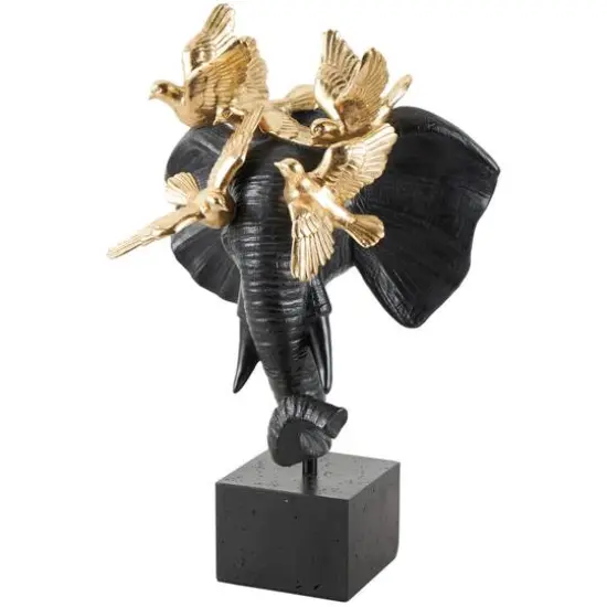 21" Black & Gold Polystone Elephant Head with Birds Statue {1}